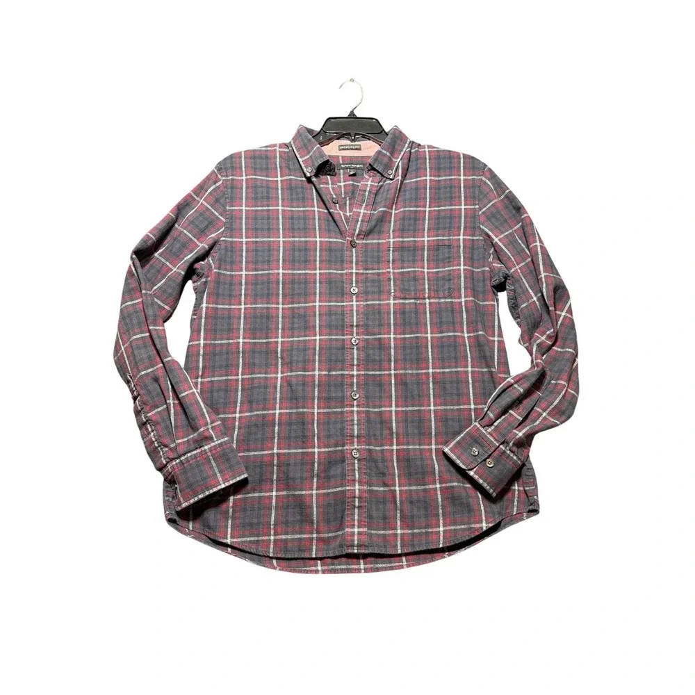 Banana Republic Button Down Shirt Mens L Gray Red Plaid Untucked Fit Jaspe LS